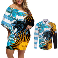 Personalised Argentina Couples Matching Off Shoulder Short Dress and Long Sleeve Button Shirts Los Pumas and Sol de Mayo Ceibo Flowers LT9 - Wonder Print Shop