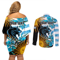 Personalised Argentina Couples Matching Off Shoulder Short Dress and Long Sleeve Button Shirts Los Pumas and Sol de Mayo Ceibo Flowers LT9 - Wonder Print Shop