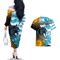 Personalised Argentina Couples Matching Off The Shoulder Long Sleeve Dress and Hawaiian Shirt Los Pumas and Sol de Mayo Ceibo Flowers LT9 - Wonder Print Shop