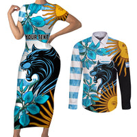 Personalised Argentina Couples Matching Short Sleeve Bodycon Dress and Long Sleeve Button Shirts Los Pumas and Sol de Mayo Ceibo Flowers LT9 - Wonder Print Shop