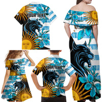 Personalised Argentina Family Matching Off Shoulder Long Sleeve Dress and Hawaiian Shirt Los Pumas and Sol de Mayo Ceibo Flowers - Wonder Print Shop