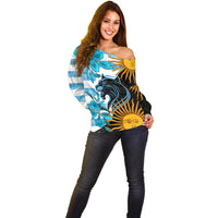 Personalised Argentina Off Shoulder Sweater Los Pumas and Sol de Mayo Ceibo Flowers - Wonder Print Shop