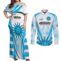 Uruguay Rugby Couples Matching Off Shoulder Maxi Dress and Long Sleeve Button Shirts World Cup 2023 Go Los Teros LT9 - Wonder Print Shop
