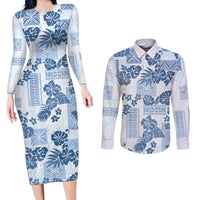 Vintage Hawaii Couples Matching Long Sleeve Bodycon Dress and Long Sleeve Button Shirt Hibiscus Tapa Tribal With Hawaiian Quilt Pattern Blue LT9 - Wonder Print Shop