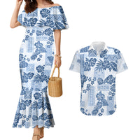 Vintage Hawaii Couples Matching Mermaid Dress and Hawaiian Shirt Hibiscus Tapa Tribal With Hawaiian Quilt Pattern Blue LT9 - Wonder Print Shop
