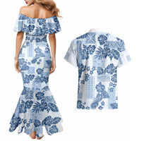 Vintage Hawaii Couples Matching Mermaid Dress and Hawaiian Shirt Hibiscus Tapa Tribal With Hawaiian Quilt Pattern Blue LT9 - Wonder Print Shop
