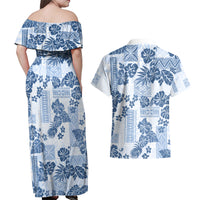 Vintage Hawaii Couples Matching Off Shoulder Maxi Dress and Hawaiian Shirt Hibiscus Tapa Tribal With Hawaiian Quilt Pattern Blue LT9 - Wonder Print Shop