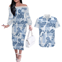 Vintage Hawaii Couples Matching Off The Shoulder Long Sleeve Dress and Hawaiian Shirt Hibiscus Tapa Tribal With Hawaiian Quilt Pattern Blue LT9 - Wonder Print Shop