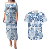 Vintage Hawaii Couples Matching Puletasi Dress and Hawaiian Shirt Hibiscus Tapa Tribal With Hawaiian Quilt Pattern Blue LT9 - Wonder Print Shop