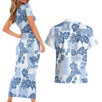 Vintage Hawaii Couples Matching Short Sleeve Bodycon Dress and Hawaiian Shirt Hibiscus Tapa Tribal With Hawaiian Quilt Pattern Blue LT9 - Wonder Print Shop