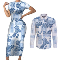 Vintage Hawaii Couples Matching Short Sleeve Bodycon Dress and Long Sleeve Button Shirt Hibiscus Tapa Tribal With Hawaiian Quilt Pattern Blue LT9 - Wonder Print Shop