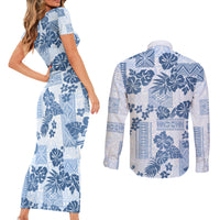 Vintage Hawaii Couples Matching Short Sleeve Bodycon Dress and Long Sleeve Button Shirt Hibiscus Tapa Tribal With Hawaiian Quilt Pattern Blue LT9 - Wonder Print Shop
