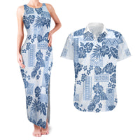 Vintage Hawaii Couples Matching Tank Maxi Dress and Hawaiian Shirt Hibiscus Tapa Tribal With Hawaiian Quilt Pattern Blue LT9 - Wonder Print Shop