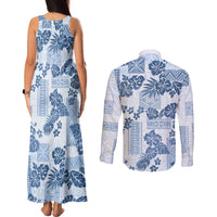 Vintage Hawaii Couples Matching Tank Maxi Dress and Long Sleeve Button Shirt Hibiscus Tapa Tribal With Hawaiian Quilt Pattern Blue LT9 - Wonder Print Shop