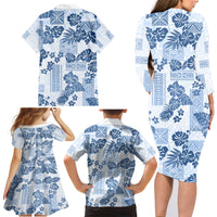 Vintage Hawaii Family Matching Long Sleeve Bodycon Dress and Hawaiian Shirt Hibiscus Tapa Tribal With Hawaiian Quilt Pattern Blue LT9 - Wonder Print Shop