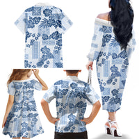Vintage Hawaii Family Matching Off Shoulder Long Sleeve Dress and Hawaiian Shirt Hibiscus Tapa Tribal With Hawaiian Quilt Pattern Blue - Wonder Print Shop