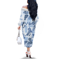 Vintage Hawaii Family Matching Off Shoulder Long Sleeve Dress and Hawaiian Shirt Hibiscus Tapa Tribal With Hawaiian Quilt Pattern Blue - Wonder Print Shop