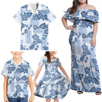 Vintage Hawaii Family Matching Off Shoulder Maxi Dress and Hawaiian Shirt Hibiscus Tapa Tribal With Hawaiian Quilt Pattern Blue LT9 - Wonder Print Shop
