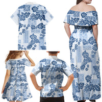 Vintage Hawaii Family Matching Off Shoulder Maxi Dress and Hawaiian Shirt Hibiscus Tapa Tribal With Hawaiian Quilt Pattern Blue LT9 - Wonder Print Shop