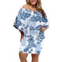 Vintage Hawaii Family Matching Off Shoulder Short Dress and Hawaiian Shirt Hibiscus Tapa Tribal With Hawaiian Quilt Pattern Blue LT9 - Wonder Print Shop