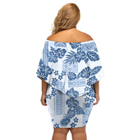 Vintage Hawaii Family Matching Off Shoulder Short Dress and Hawaiian Shirt Hibiscus Tapa Tribal With Hawaiian Quilt Pattern Blue LT9 - Wonder Print Shop