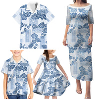 Vintage Hawaii Family Matching Puletasi Dress and Hawaiian Shirt Hibiscus Tapa Tribal With Hawaiian Quilt Pattern Blue - Wonder Print Shop