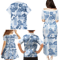 Vintage Hawaii Family Matching Puletasi Dress and Hawaiian Shirt Hibiscus Tapa Tribal With Hawaiian Quilt Pattern Blue - Wonder Print Shop