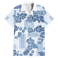 Blue and white Hawaiian print button-up shirt with floral and tribal patchwork design