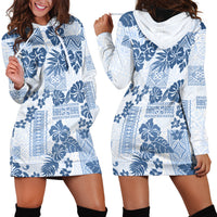 Vintage Hawaii Hoodie Dress Hibiscus Tapa Tribal With Hawaiian Quilt Pattern Blue - Wonder Print Shop