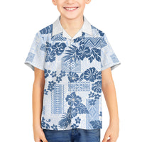 Vintage Hawaii Kid Hawaiian Shirt Hibiscus Tapa Tribal With Hawaiian Quilt Pattern Blue - Wonder Print Shop
