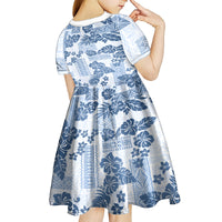 Vintage Hawaii Kid Short Sleeve Dress Hibiscus Tapa Tribal With Hawaiian Quilt Pattern Blue - Wonder Print Shop