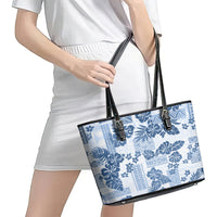Vintage Hawaii Leather Tote Bag Hibiscus Tapa Tribal With Hawaiian Quilt Pattern Blue - Wonder Print Shop