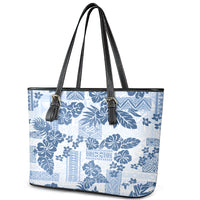 Vintage Hawaii Leather Tote Bag Hibiscus Tapa Tribal With Hawaiian Quilt Pattern Blue - Wonder Print Shop