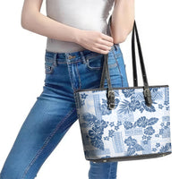 Vintage Hawaii Leather Tote Bag Hibiscus Tapa Tribal With Hawaiian Quilt Pattern Blue - Wonder Print Shop