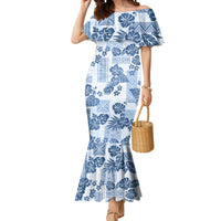 Vintage Hawaii Mermaid Dress Hibiscus Tapa Tribal With Hawaiian Quilt Pattern Blue - Wonder Print Shop