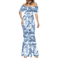Vintage Hawaii Mermaid Dress Hibiscus Tapa Tribal With Hawaiian Quilt Pattern Blue - Wonder Print Shop