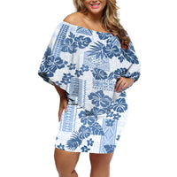 Vintage Hawaii Off Shoulder Short Dress Hibiscus Tapa Tribal With Hawaiian Quilt Pattern Blue - Wonder Print Shop