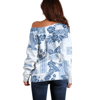 Vintage Hawaii Off Shoulder Sweater Hibiscus Tapa Tribal With Hawaiian Quilt Pattern Blue - Wonder Print Shop