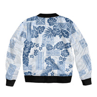 Vintage Hawaii Sleeve Zip Bomber Jacket Hibiscus Tapa Tribal With Hawaiian Quilt Pattern Blue - Wonder Print Shop