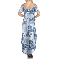 Vintage Hawaii Summer Maxi Dress Hibiscus Tapa Tribal With Hawaiian Quilt Pattern Blue - Wonder Print Shop