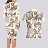 Vintage Hawaii Couples Matching Long Sleeve Bodycon Dress and Hawaiian Shirt Hibiscus Tapa Tribal With Hawaiian Quilt Pattern Gold LT9 - Wonder Print Shop