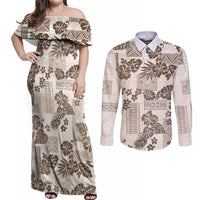 Vintage Hawaii Couples Matching Off Shoulder Maxi Dress and Long Sleeve Button Shirt Hibiscus Tapa Tribal With Hawaiian Quilt Pattern Gold LT9 - Wonder Print Shop