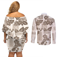 Vintage Hawaii Couples Matching Off Shoulder Short Dress and Long Sleeve Button Shirt Hibiscus Tapa Tribal With Hawaiian Quilt Pattern Gold LT9 - Wonder Print Shop