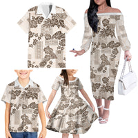 Vintage Hawaii Family Matching Off Shoulder Long Sleeve Dress and Hawaiian Shirt Hibiscus Tapa Tribal With Hawaiian Quilt Pattern Gold - Wonder Print Shop