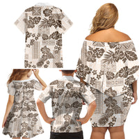 Vintage Hawaii Family Matching Off Shoulder Short Dress and Hawaiian Shirt Hibiscus Tapa Tribal With Hawaiian Quilt Pattern Gold LT9 - Wonder Print Shop