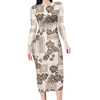 Vintage Hawaii Long Sleeve Bodycon Dress Hibiscus Tapa Tribal With Hawaiian Quilt Pattern Gold - Wonder Print Shop
