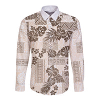 Vintage Hawaii Long Sleeve Button Shirt Hibiscus Tapa Tribal With Hawaiian Quilt Pattern Gold - Wonder Print Shop