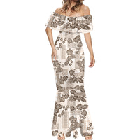 Vintage Hawaii Mermaid Dress Hibiscus Tapa Tribal With Hawaiian Quilt Pattern Gold - Wonder Print Shop