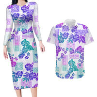 Vintage Hawaii Couples Matching Long Sleeve Bodycon Dress and Hawaiian Shirt Hibiscus Tapa Tribal With Hawaiian Quilt Pattern Purple LT9 - Wonder Print Shop