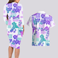 Vintage Hawaii Couples Matching Long Sleeve Bodycon Dress and Hawaiian Shirt Hibiscus Tapa Tribal With Hawaiian Quilt Pattern Purple LT9 - Wonder Print Shop